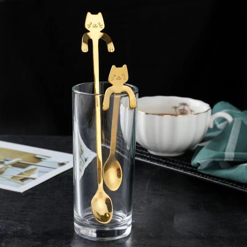 

Cat Spoon Coffee Tea Spoon Set, Stainless Steel Hanging Cup Teaspoons Demitasse Mini Long Cute Kitten Stirring Spoon for Desser