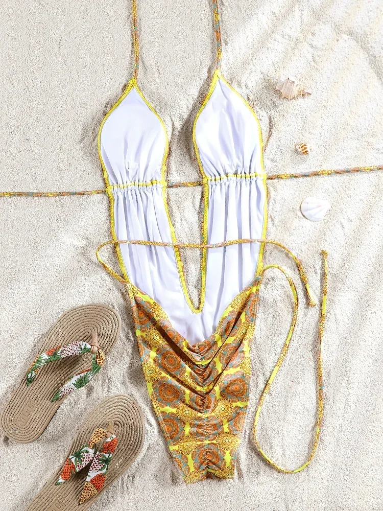 ZRTAK Sexy Women One Piece Swimsuit Female Sexy Deep V Swimwear 2024 Bandage Bathing Suit Pleated Biquini Feminino Beachwear