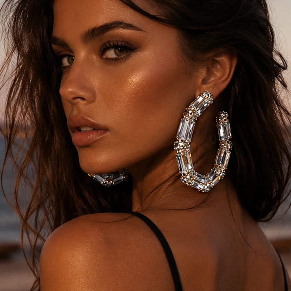 Baguette Crystal Hoop Earrings Rhinestone Geometric Statement Sparkly Luxe Lightweight Jewelry for Lady Wedding Party Prom Gift