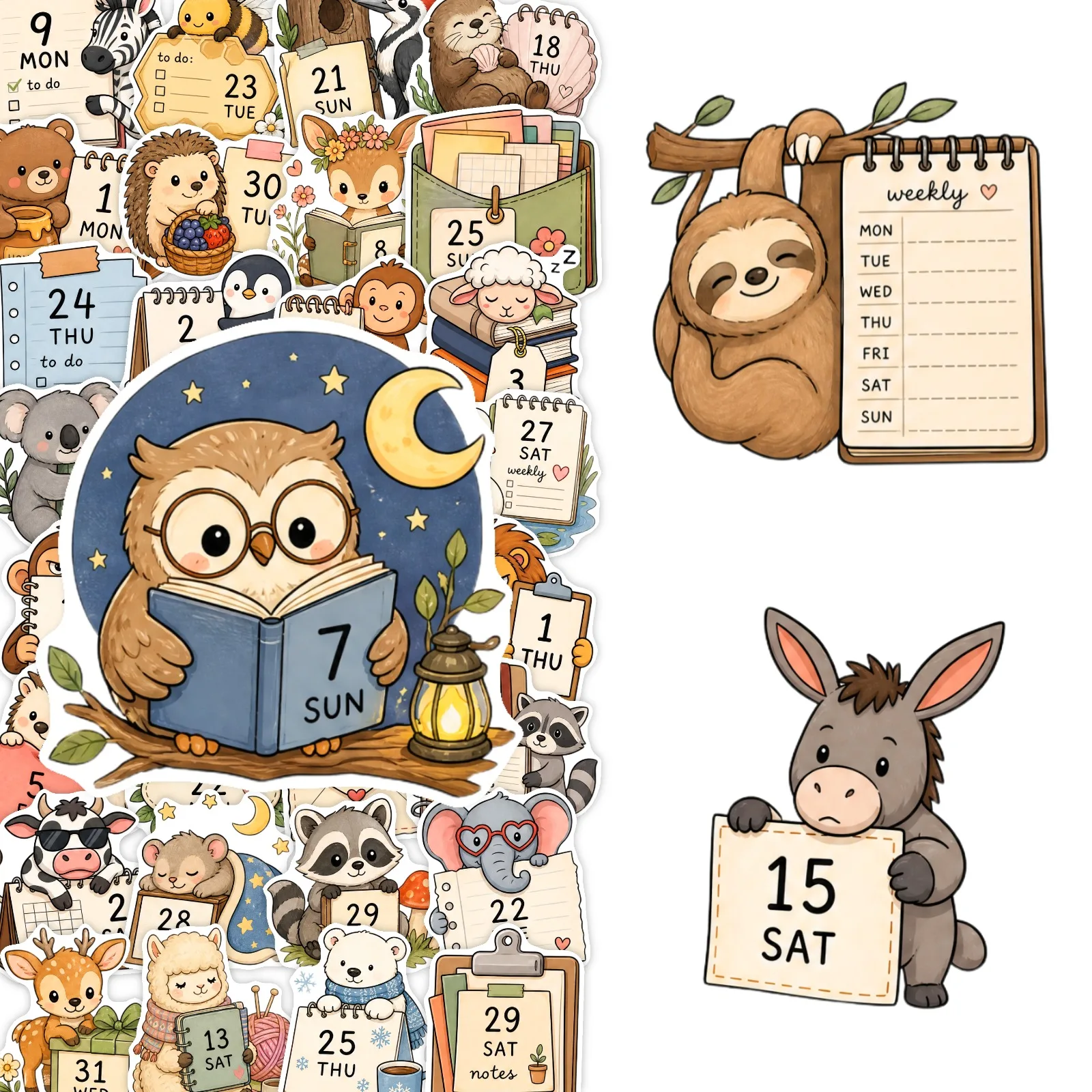 50Pcs Cute Animal Weekly Date Stickers Cartoon Forest Creature Planner Calendar Decals for Journal Laptop Water Bottle DIY Decor