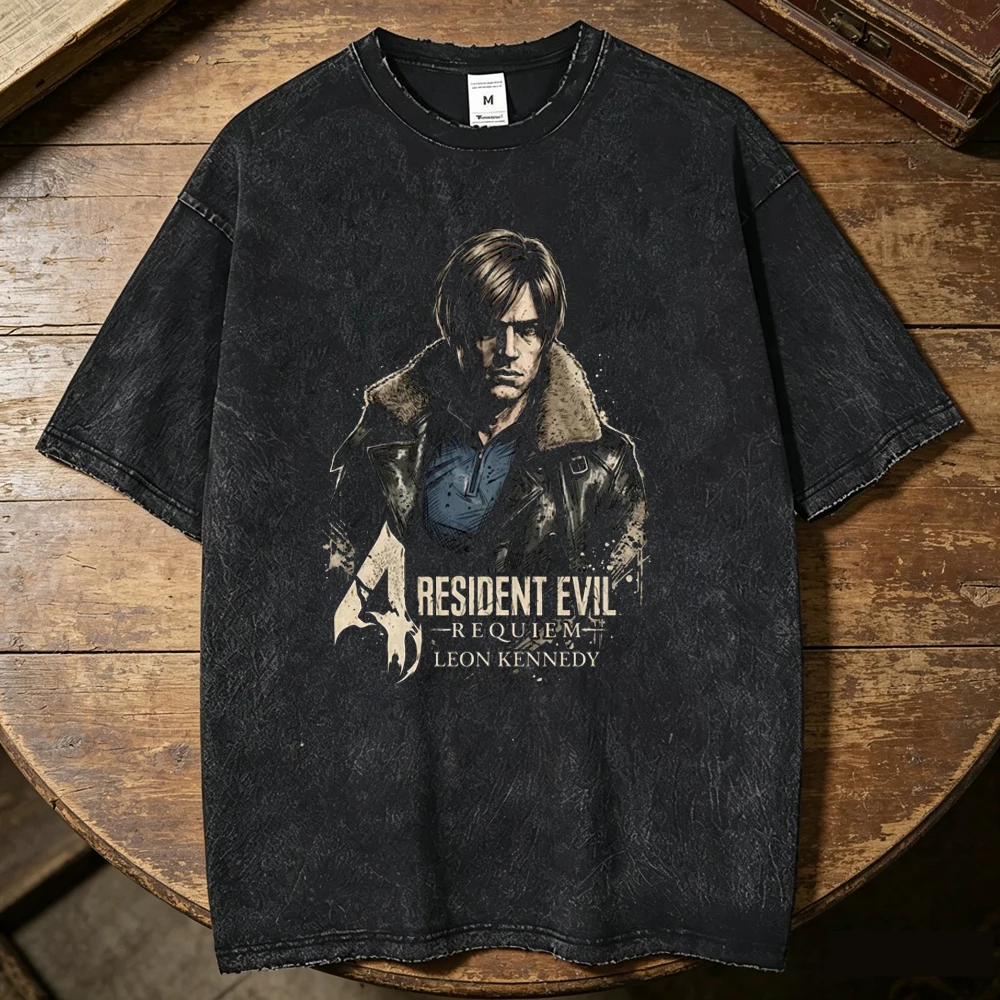 Leon Kennedy Vintage Washed cotton t-shirt men harajuku  Classic Comfortable aesthetic harajuku 80s Grunge kawaii hip hop