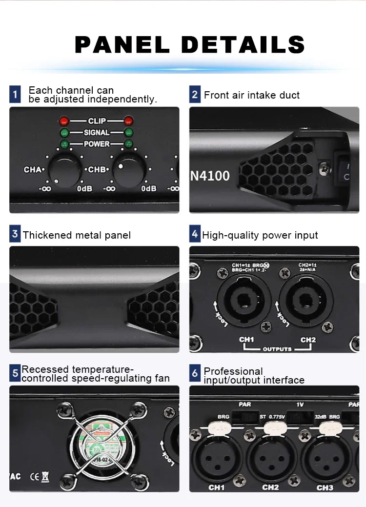 Paulkitson DN4100 4-Kanal Professioneller Digital-Leistungsverstärker Klasse-D 1U Rack-Mount-Verstärker 4Ω 4×2300W für Bühnenkonzerte und Live-Shows – Detail 8