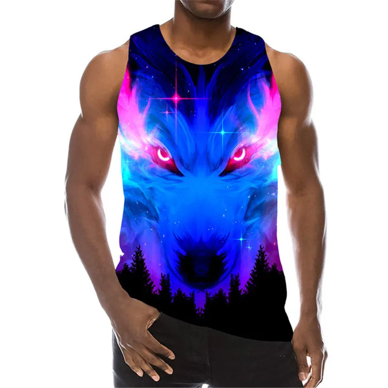 Sleeveless Animal Tank 3D Print Wolf Pattern Streetwear Tops Gradient Loose Casual Oversized Vest Round-Neck 6XL Plus Size Top