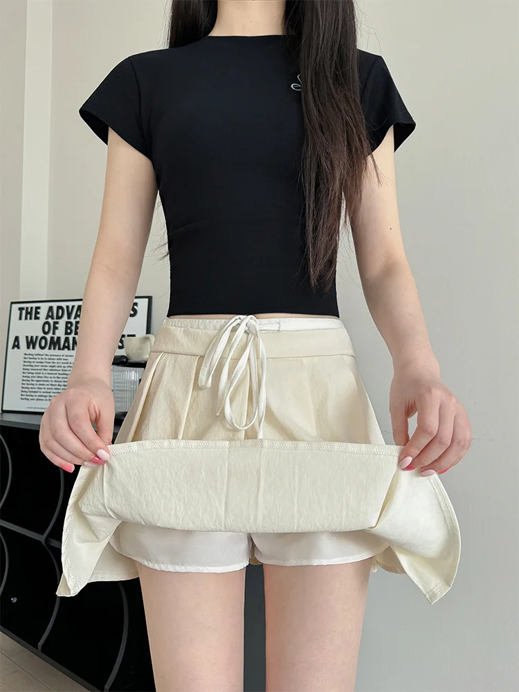 2026 drawstring fake two short skirts for women's summer new look slimming A-line pleated skirt solid color skirt