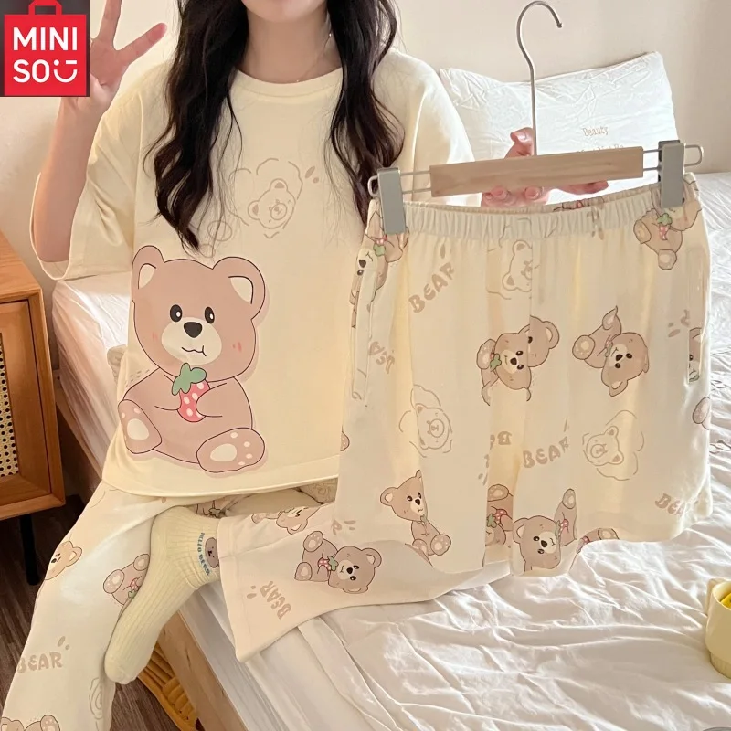 MINISO women's three-piece summer thin short-sleeved shirt and pants casual cute cartoon outer wear home wear