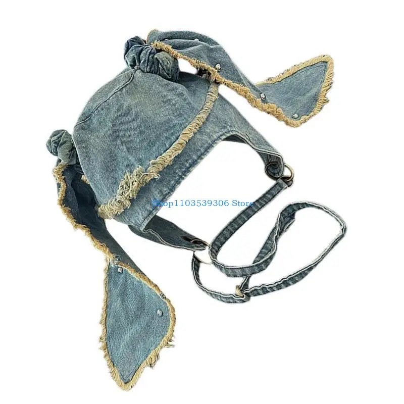 

400A Ripped Rabbits Ear Hat for Adult Breathable Washed Fabric Ear Flap Caps Sunproof Pullover Caps Outdoor Street Daily Wear