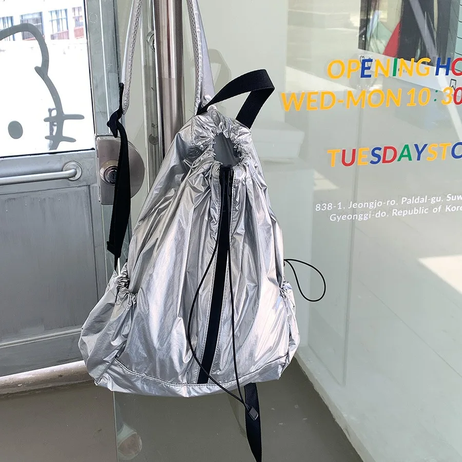 Korean Simple Nylon Summer Drawstring Pleated Women Backpack Students School Girl Backpack Travel Commuter Backpacks for Women