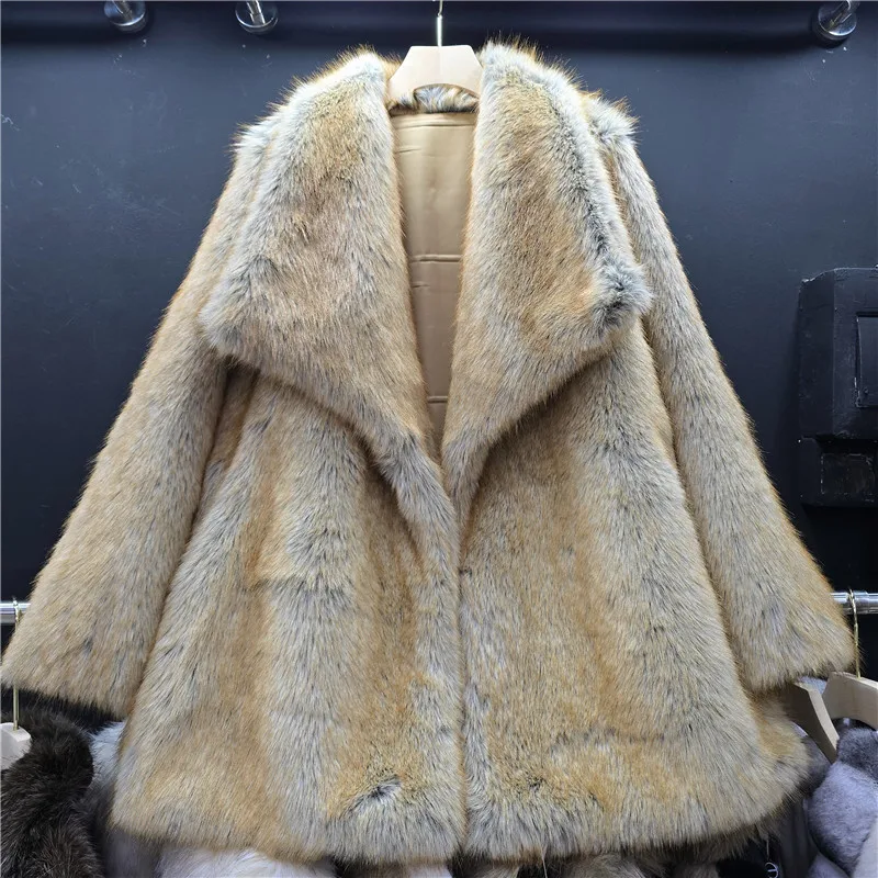 Clothland Women Elegant Loose Fur Coat Long Sleeve Turn Down Collar Female Chic Fashion Jacket Mujer CB445