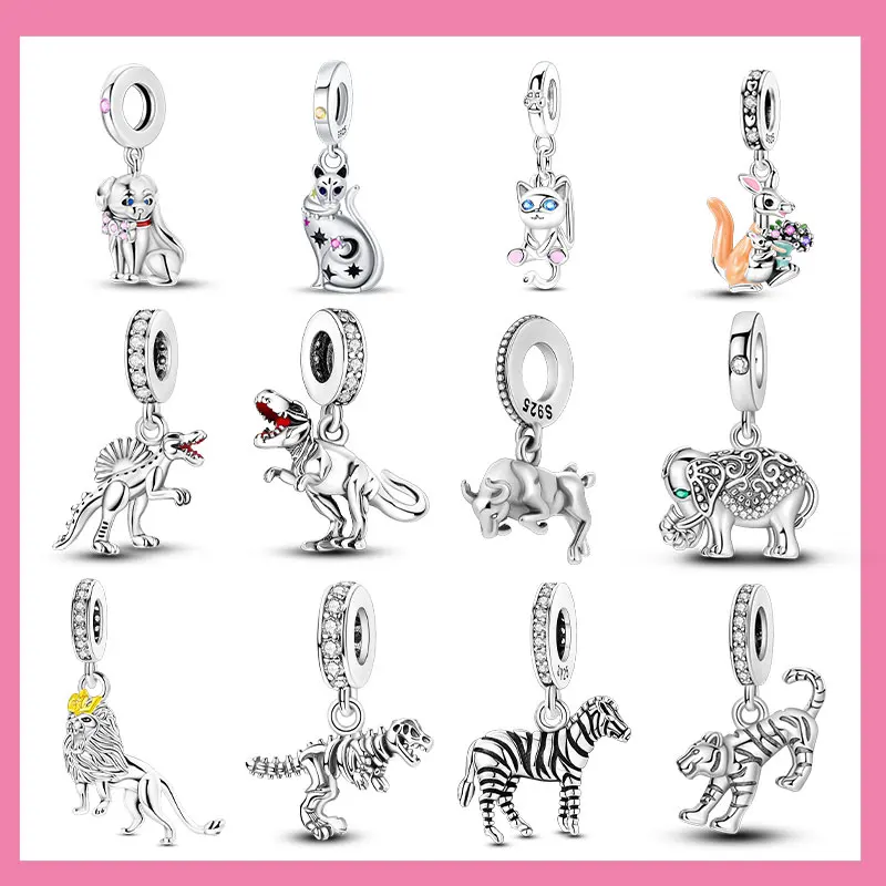 

925 Silver Tyrannosaurus Rex Dinosaur Lion Tiger Elephant Animal Charms Beads Fit 925 Original Bracelets DIY Jewelry