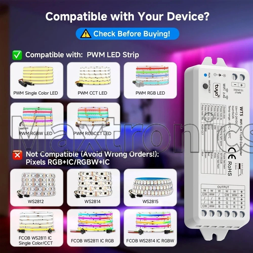 TUYA Smart Dimmer WT5 WiFi RF 5 in1 LED Controller DC12-24V for Single Color CCT RGB RGBW RGBCCT LED 4-Button 86 Panel RF Remote