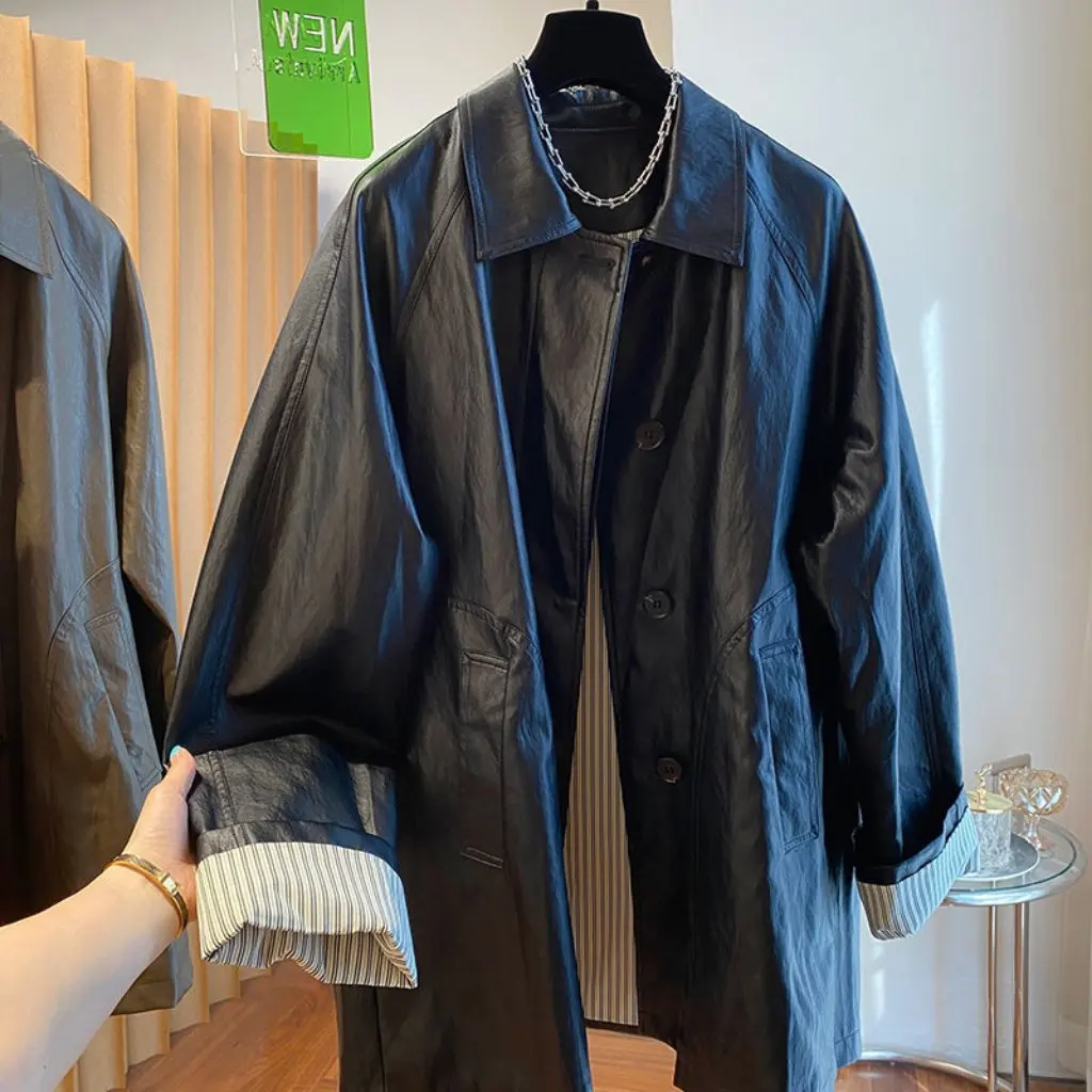 Maillard Brown Long Leather Coat for Women High-End European Style Spring Autumn Wide Slack Trenchcoat