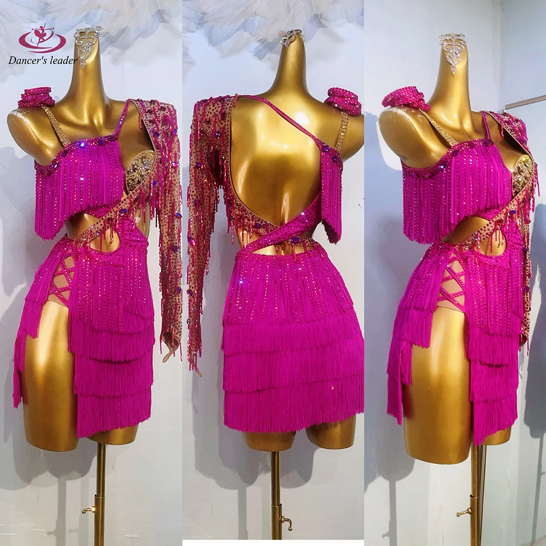 Latin Dance Dress High-end Custom Rose Red Strap Tassel Floral Dress Samba Tango Women\'s Adult Stage Costume