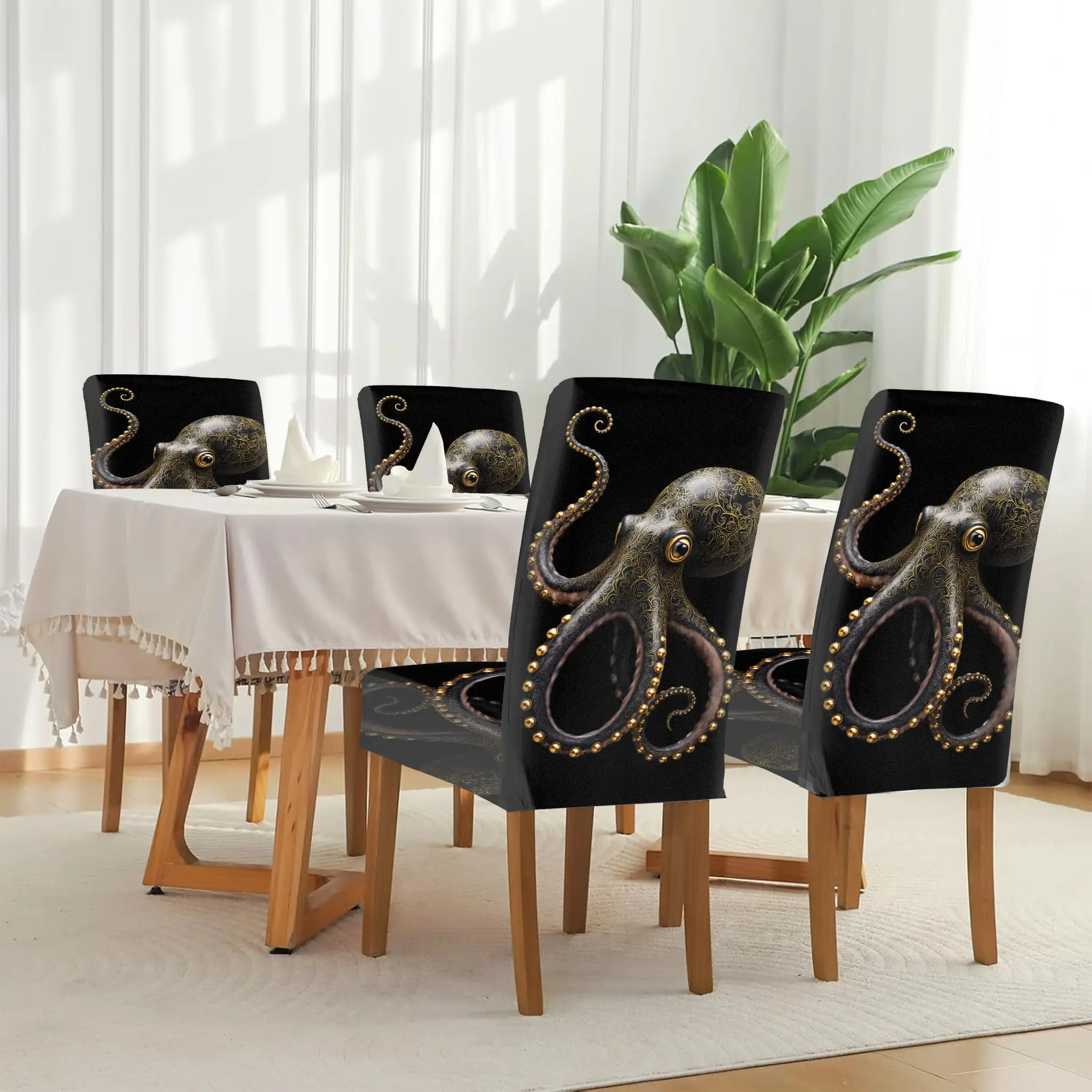 

Elastic dining chair cover Exquisite metal style octopus art decoration Removable, washable, home dining chair cover