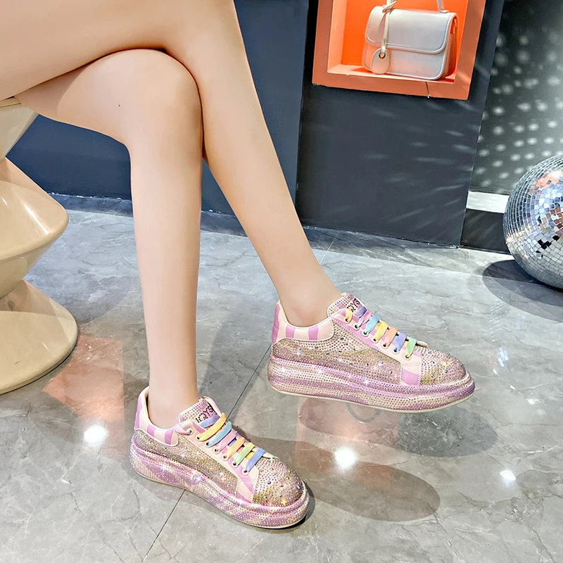 New 2024 Autumn Women Street Style Platform Shoes Rhinestones Thick-soled Shoes Shining Crystal Sneakers Trend Casual Sneakers