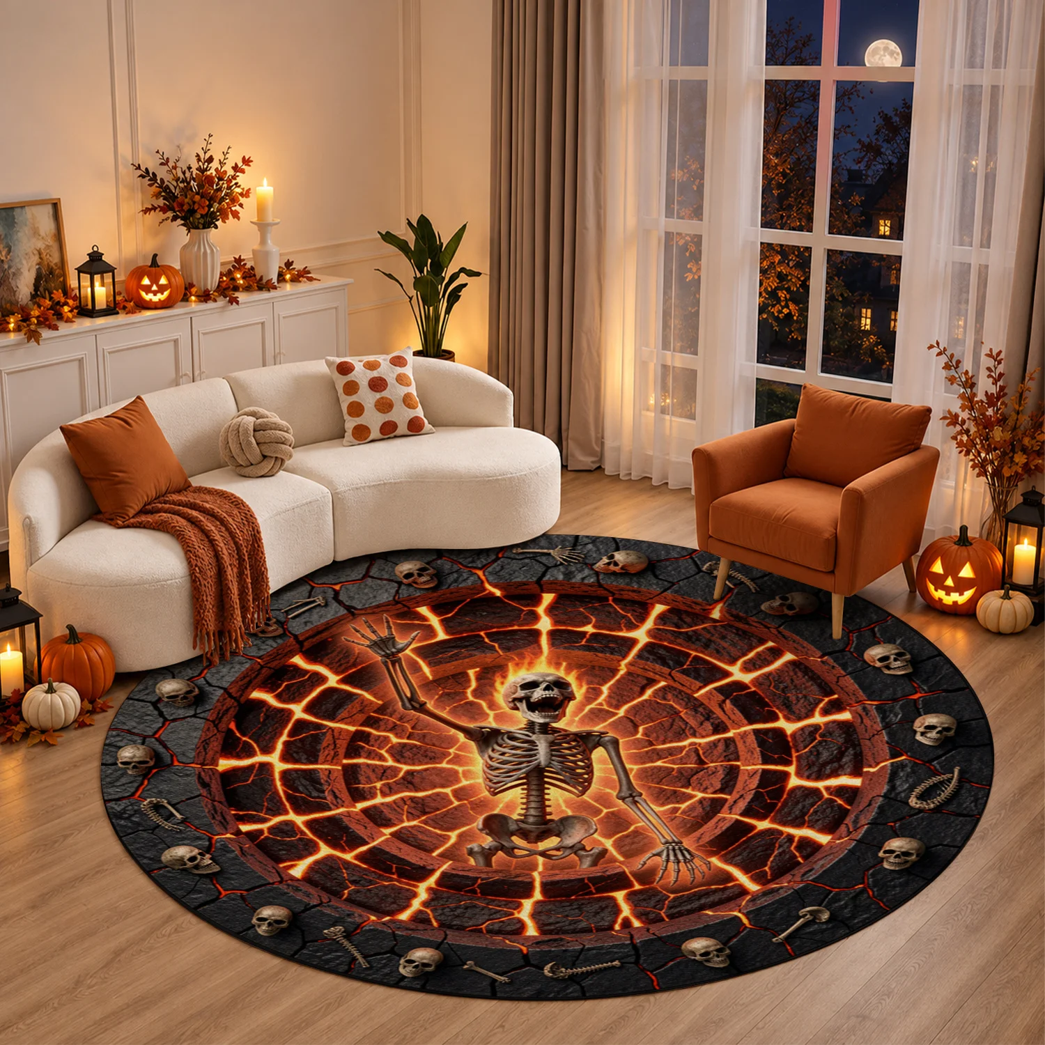 Skeleton Skull Lava Pattern Round Rug Velvet Fabric Machine Washable Durable Ideal For Living Room Bedroom Entryway Halloween Thanksgiving Black Friday Christmas New Year Festival Decor