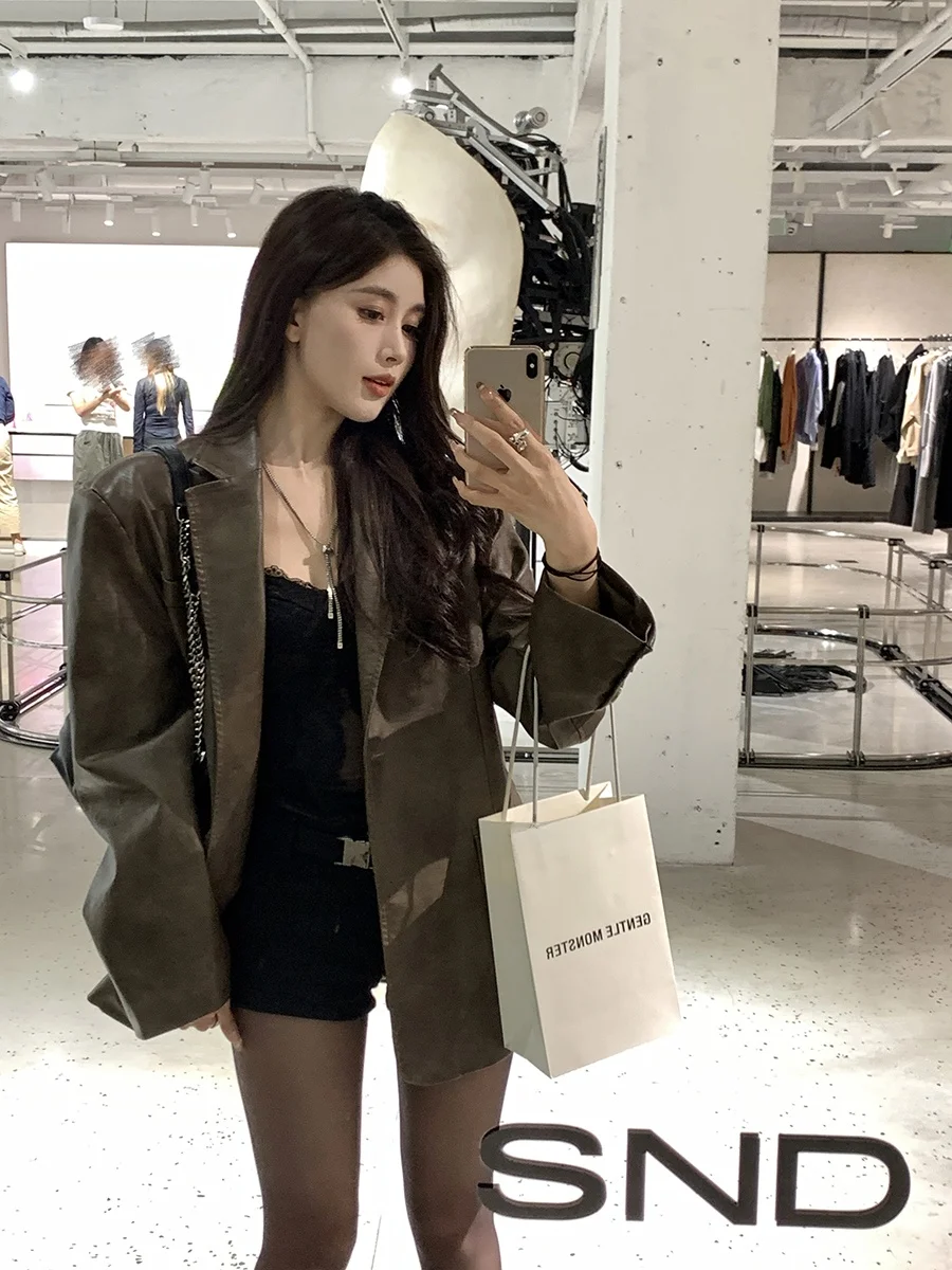 

Brown Vintage PU Leather Biker Jaet Women's Loose oulder Suit Coat He Cheni Commute Sle Long Sve Formal Collar