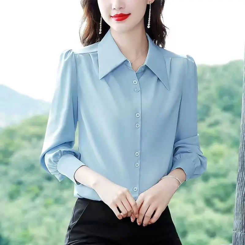 2023 Autumn and Winter New Versatile Commuter Women\'s Clothing Splice Buttons POLO Collar Long Sleeve Solid Color Casual Shirt