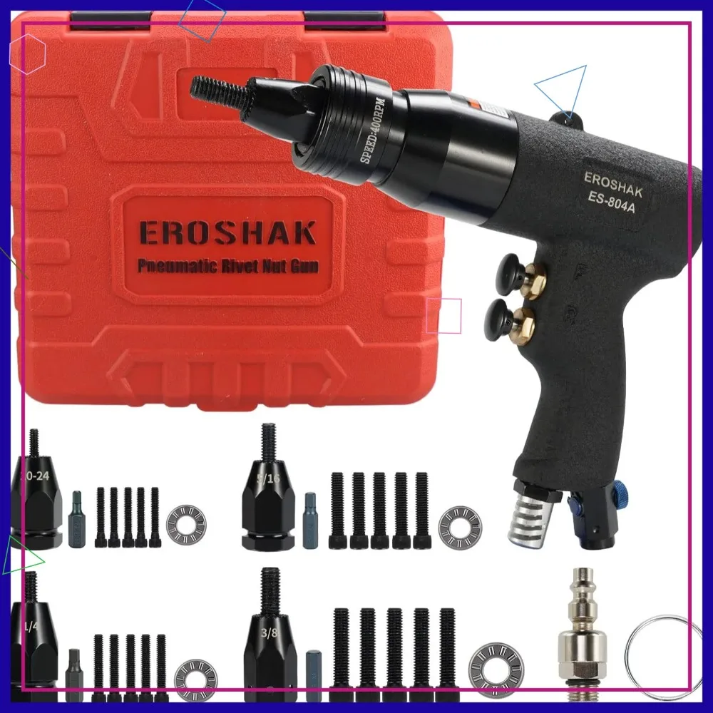 

Pneumatic Rivet Nut Gun - Air Rivet Nut Setter Tool with 4 Size Quick-Change Nose-Piece, 5 Mandrels Included