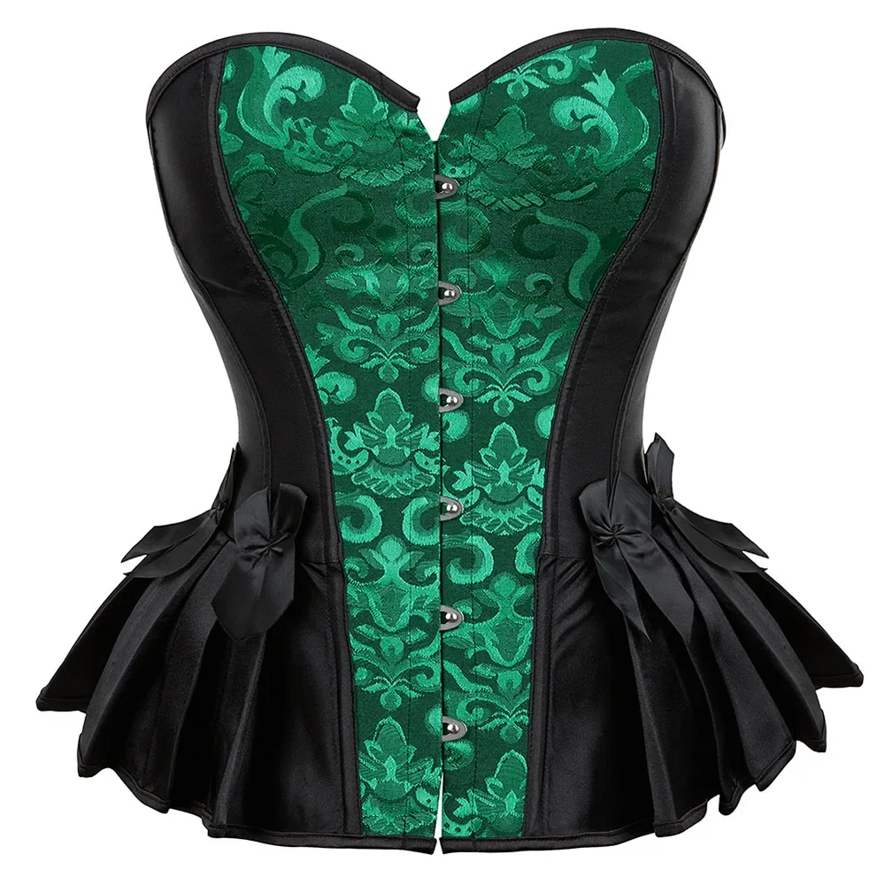 Women Overbust Corset Vintage Jacquard Satin Fashion Pleated Hem Bustier Top Gothic Body Shaper Corselet