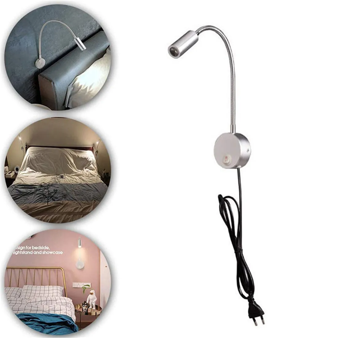 AC100-240V Silver 3W 3000K 4000K 6000K LED Reading Lights with EU USA Plug for Bed Headboard Desk Aluminum Goosene wall lamp