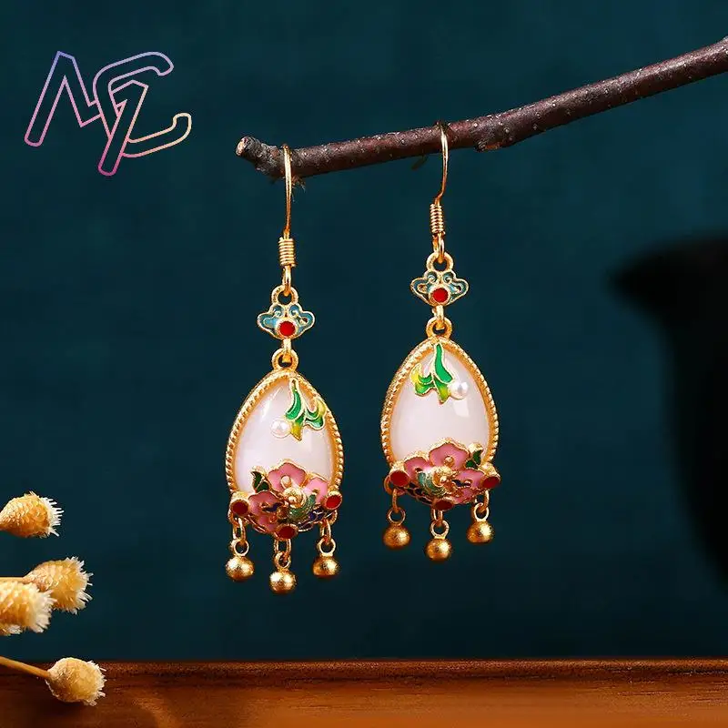 Natural Jade Flower Earrings Charm Amulet Designer Real Jewelry Vintage Accessories 18K Gold Plated Gifts for Women - view 3