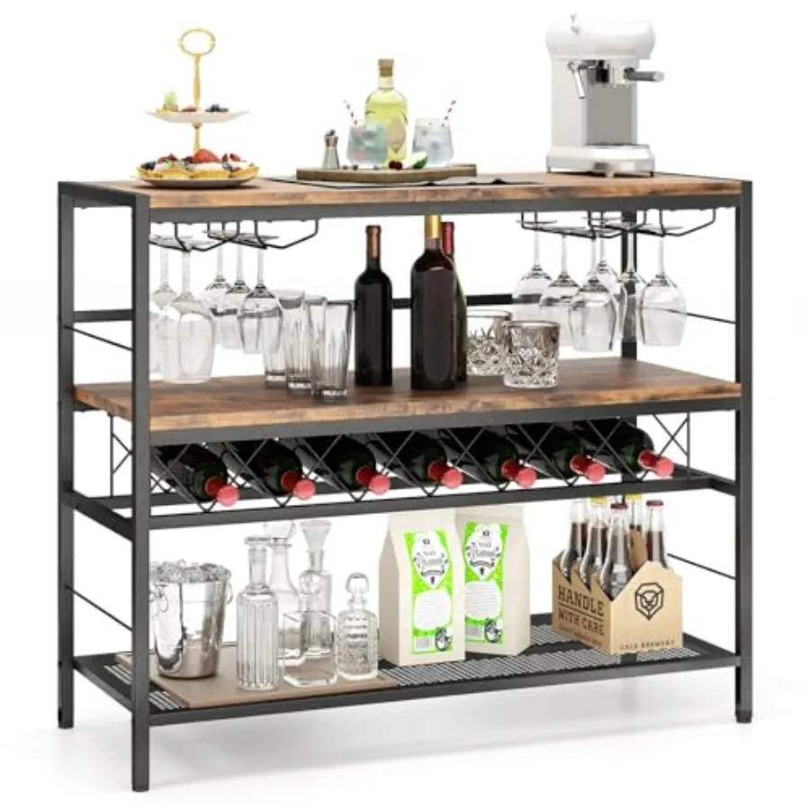 

4-Tier Wine Rack Table - 7-Bottle Wine Bar Cabinet w/ 4 Wine Racks and 16 Glasses Holder, Metal Liquor Wine Storage Shelf, Indu