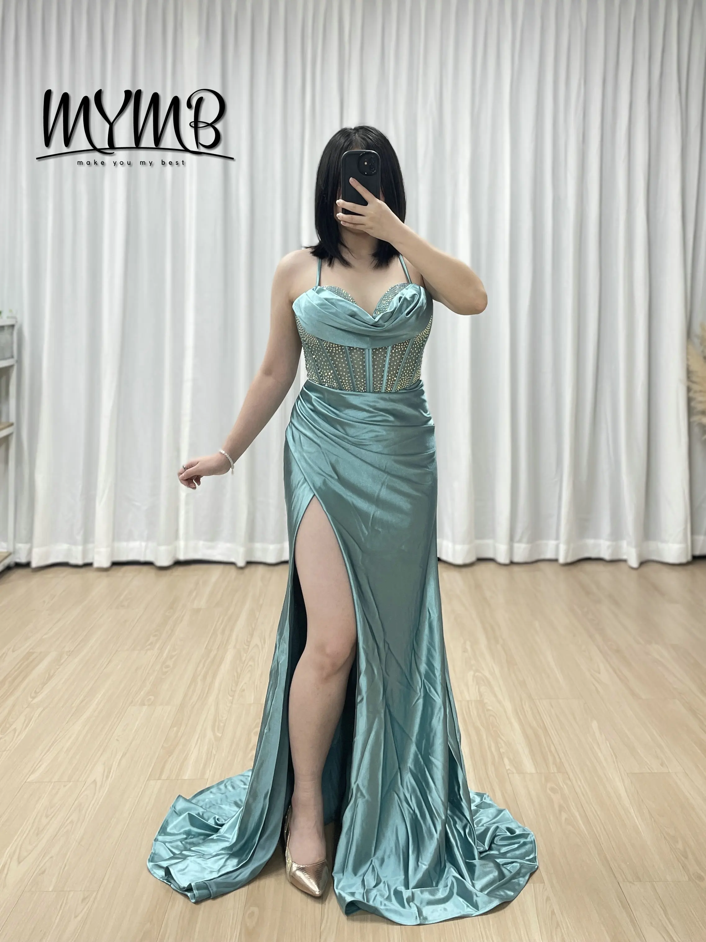 MYMB شيك المألوف الأخضر البريق حبة Ruched الخصر مثير السباغيتي حزام عالية الشق حورية البحر حفلة موسيقية ثوب مسائي للحزب MB40448 #1