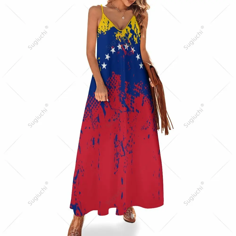 Vestido longo com estampa de bandeira espanhola feminino, sem mangas, decote em v, estampado, balanço, retrô, casual, novo