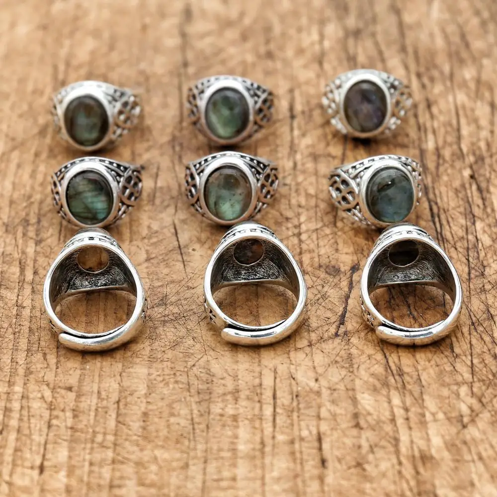 1 pcs Vintage Natural Stone Ring Antique Jewelry Labradorite Rings for Women Men Wedding Engagement Adjustable