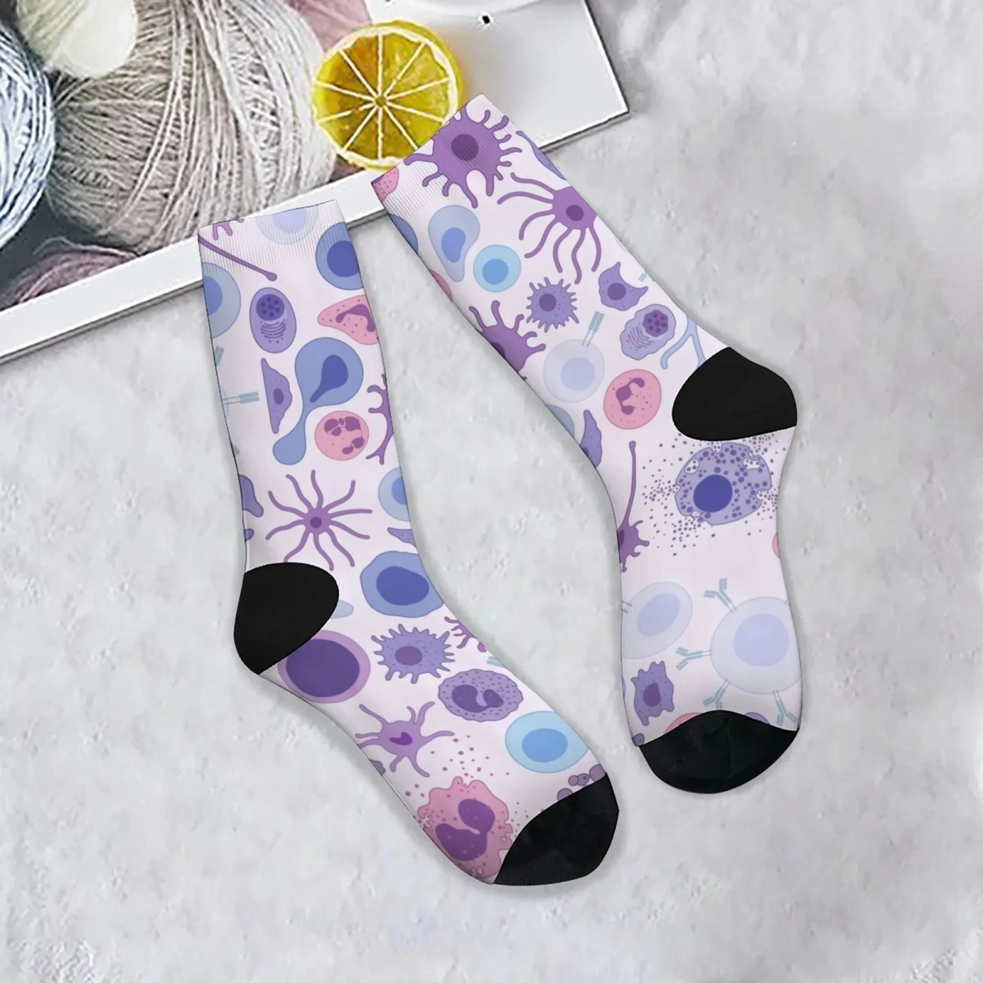

Hip - Hop Science Whimsy Socks Light Purple Base Colorful Cell & Microbe Prints Street Chic Inspire for Trendy Biology Fans