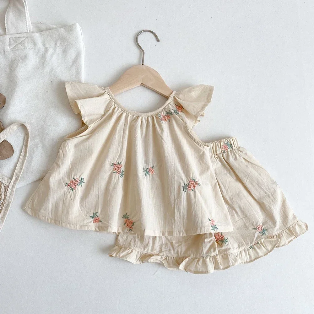 Sommermode-Set für Mädchen, Kinder-Blumendruck, fliegende Ärmel, Top + Shorts, zweiteiliges, süßes, erfrischendes Set für kleine Mädchen – Detail 17