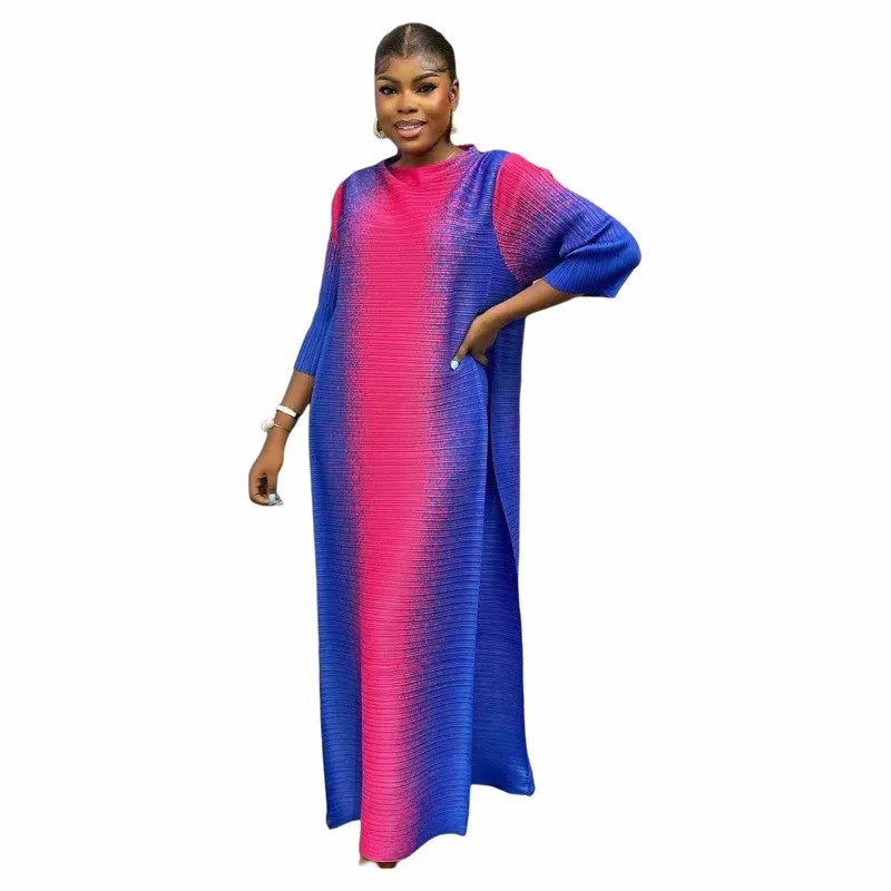 Dress for foreign trade loose gradient color round neck long sleeved pleated women's dress