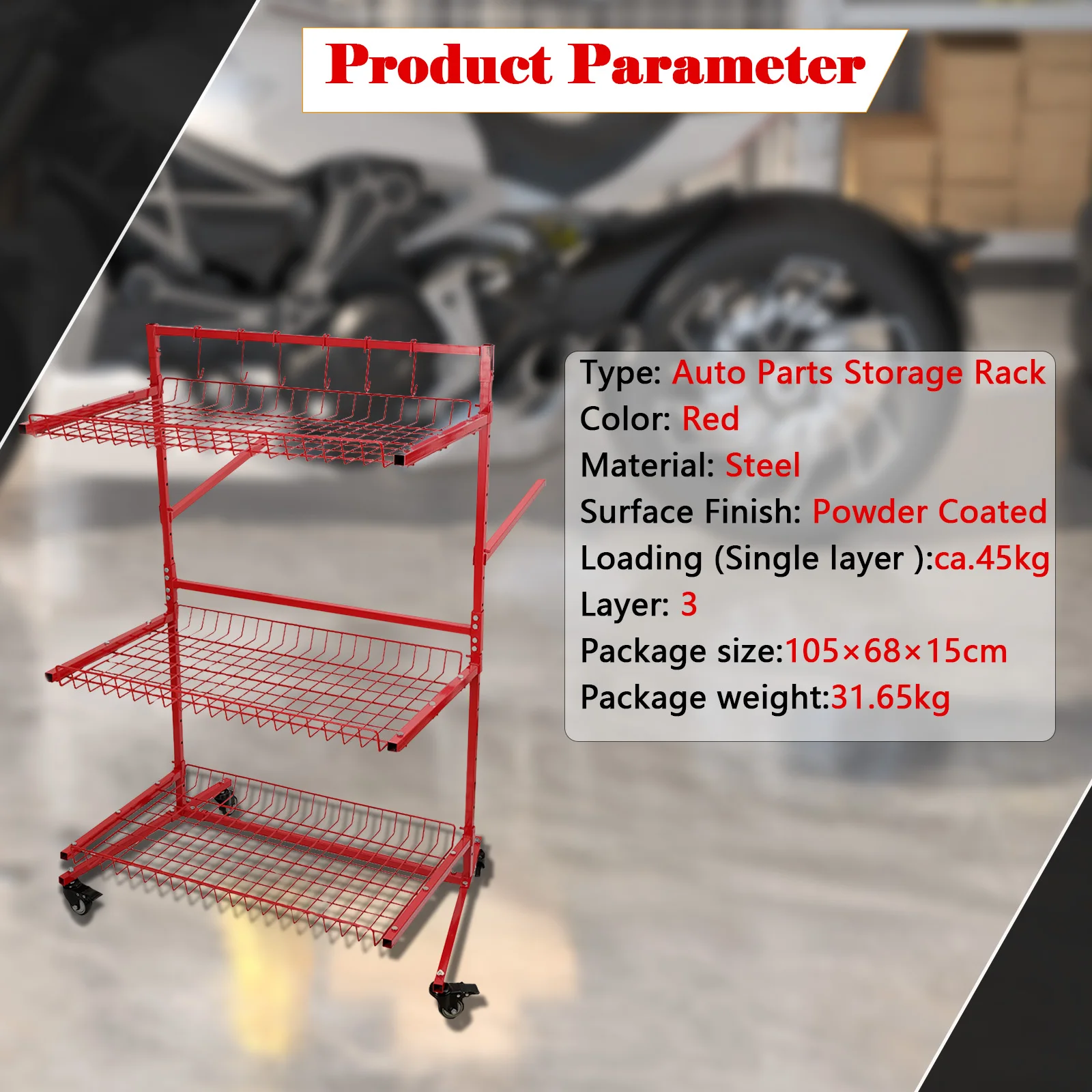 Auto Parts Storage Rack Mobile Car Storage Rack, 3 Layers Auto Body Parts Management Storage Cart Standing Shelf Red