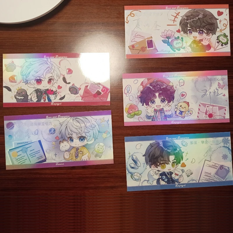 5Pcs/Set Love and Deepspace Holographic Laser Ticket Xavier Sylus Rafayel Zayne Caleb Anime Game Character Collection Gift