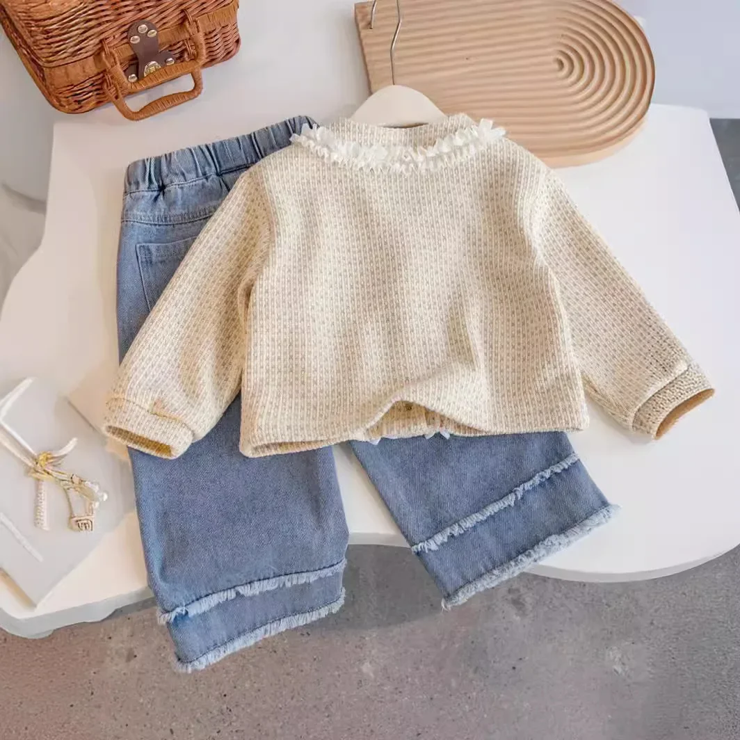 Children's Clothing Sets Knitted Lace Cardigan + Heart-shaped Jeans 2pcs Kids Winter Clothes Spring & Autumn Girl Clothes