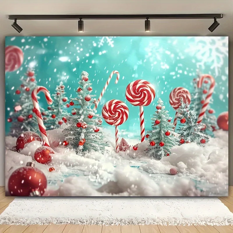 1 Stück Polyester-Weihnachtshintergrundstoff, Schnee-Weihnachtsbaum, Süßigkeiten, Lutscher, rote Ornamente und blaues Himmeldesign