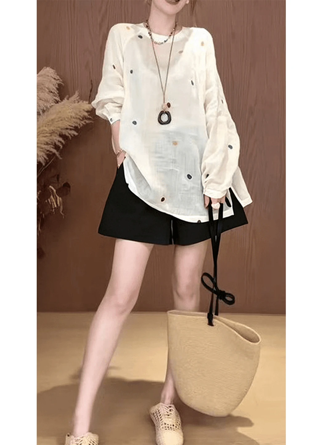 

Laid-back Korean Style Casual Set Women Summer Thin Long Sleeve Sunshade Cover up Top High Waist Wide Leg Shorts Two Piece Set