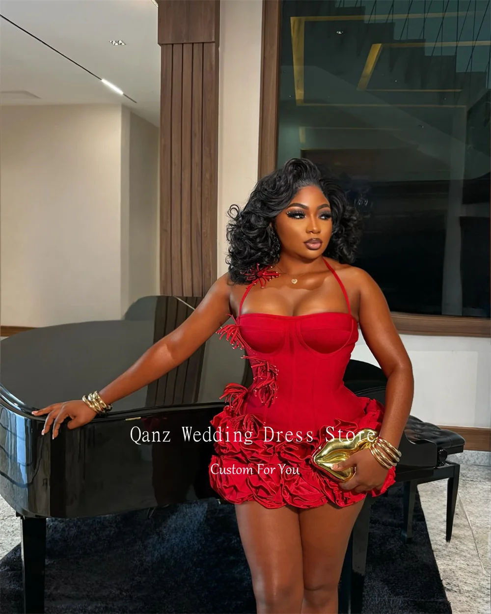 Qanz Red Birthday Dresses Baddie Black Girl Halter Neck Mini Prom Dresses Sweertheart Ruffles Qanz Red Birthday Dresses Baddie Black Girl Halter Neck Mini Prom Dresses Sweertheart Ruffles