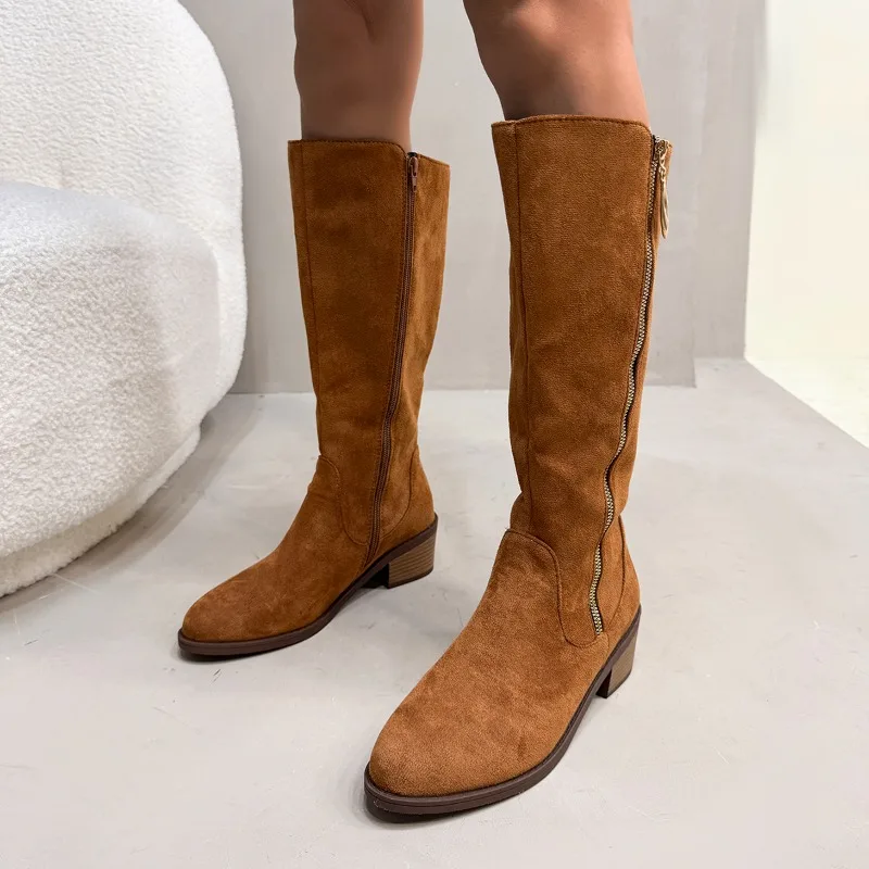 

Hot Selling Women's Chunky Single Boots Spring New Round Head Suede Side Zipper Soft Sole Anti-slip Wear-resistant High Boots