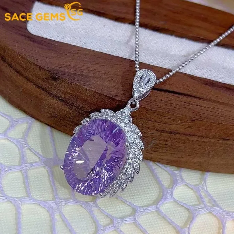 SACE GEMS Luxury 925Sterling Silver 13*18MM Natual Lavender Crystal Pendant Necklace for Women Cocktail Party Fine Jewelry Gift