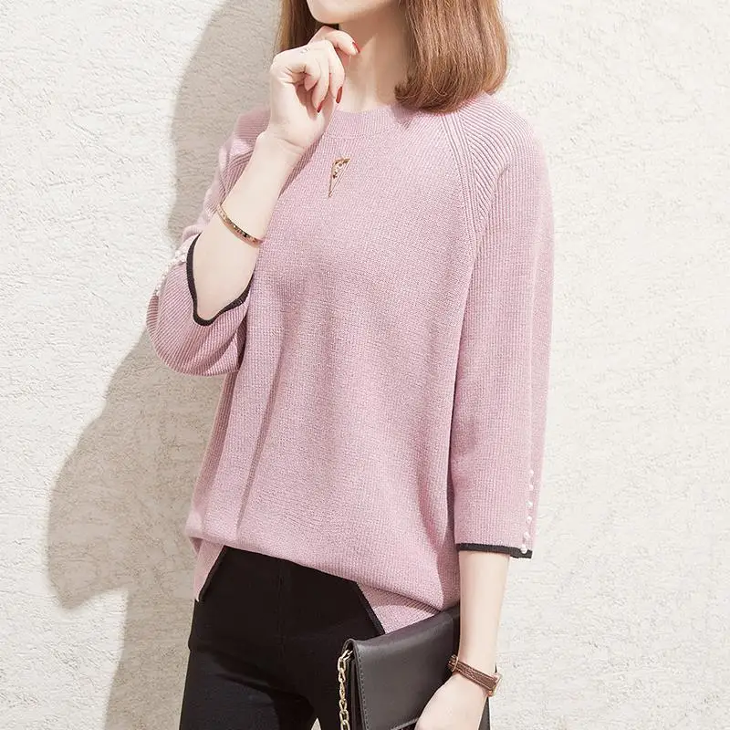 Spring Autumn 3/4 Sleeve Knitted T-shirt Casual Round Neck Female Clothing Solid Color Spliced Basic Fashion Beading Pullovers