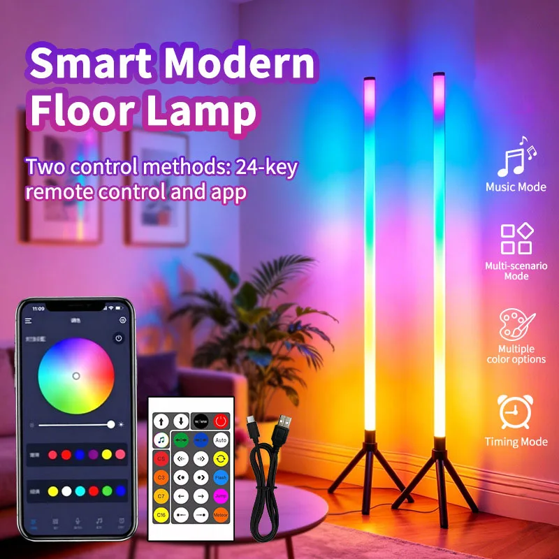 110CM LED RGB Floor Lamp Bar, Remote Bluetooth App Sound Pickup Ambient Light, Corner Light for Gaming Room Ambiance Lighting