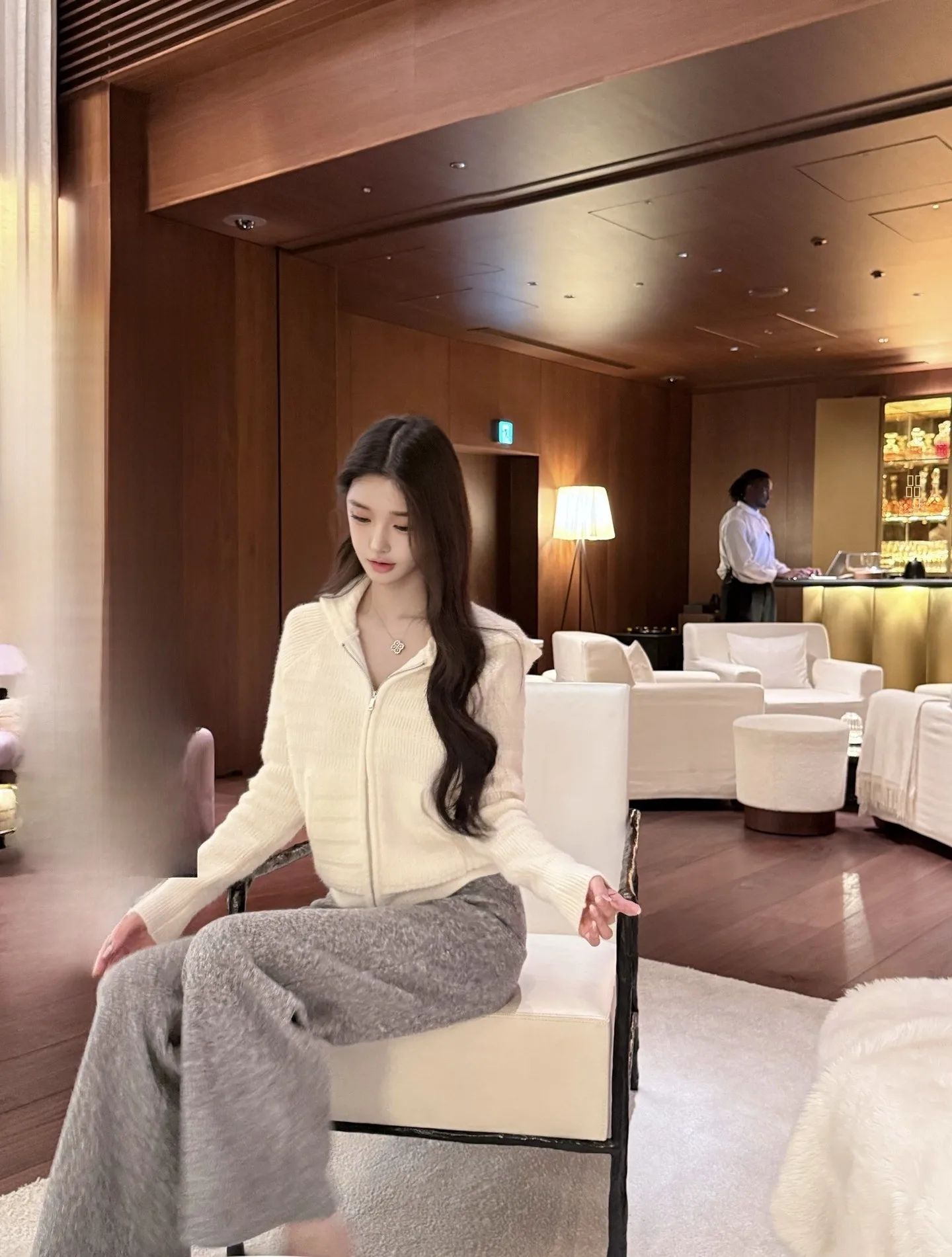 

Korean Rain Special Texture Knitted Thi Arctic Velvet Yarn Hat-On Open Cardigan Ele Loose Fit Long Sve Zipper Closure