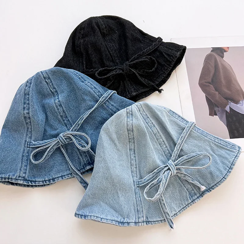 New Bow Strap Denim Bucket Hats for Women Cotton Fisherman Cap Korea Lace-Up Casual Versatile Retro Basin Hat Sun Protection Hat