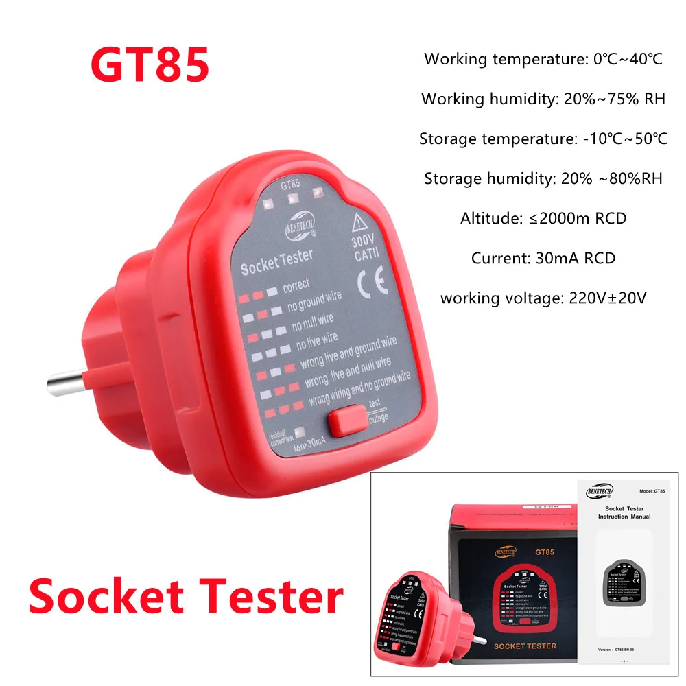 

Socket Tester GT85 Smart Voltage Detector Wall Wiring Detector EU/US/UK RCD Neutral Earth Wire Circuit Plug Polarity Phase