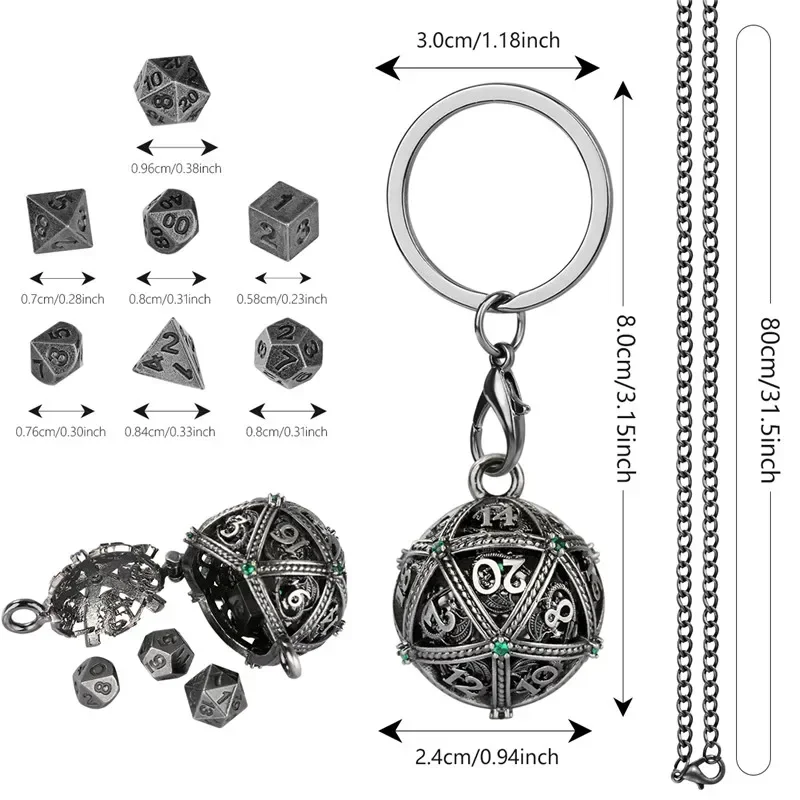 Picture 7: Antique Round D20 Case Pendant Key Ring 7pcs Mini Polyhedral Dice Set Role Play Gaming Dices Storage Case Necklace Chain Gift