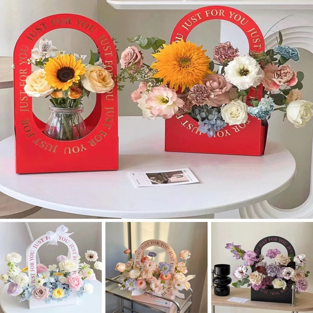 High Quality Paper Flowers Packing Box with Handle Valentine Day Handheld Flower Basket Bouquet Boxes