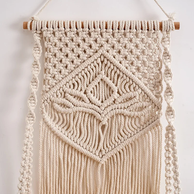 Beige Macrame Tapestry Wall Hanging Shelf Handmade Woven Decor with Wooden Shelf for Plant and Home Accessory Storage