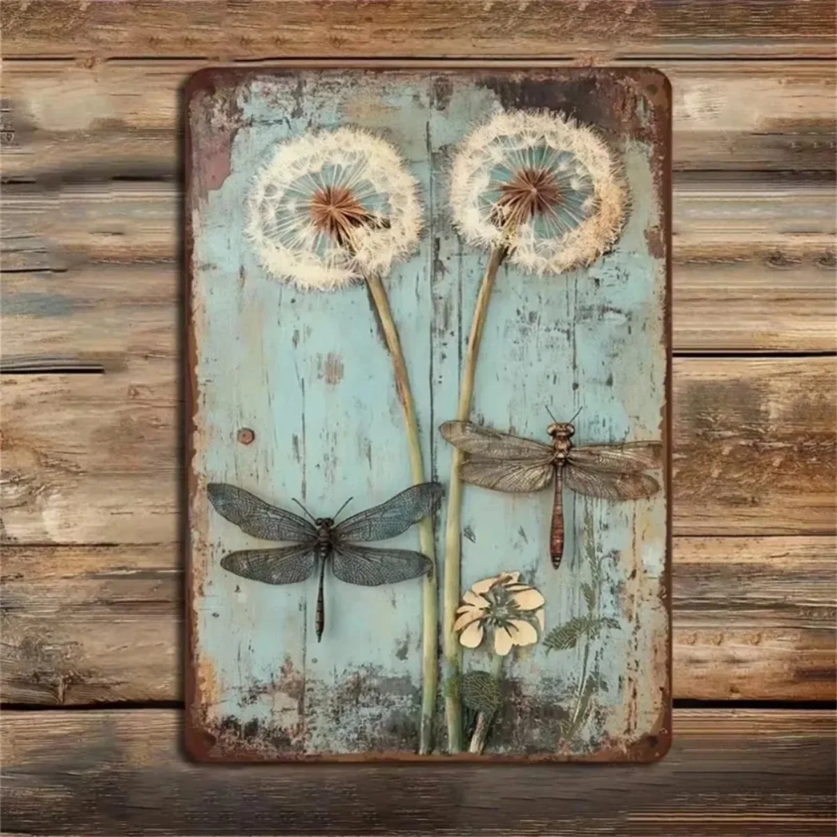 Vintage Rustic Dandelion and Dragonfly Metal Tin Sign, Retro Botanical Wall Decor Plaque, Farmhouse Nature Art Sign for Home,