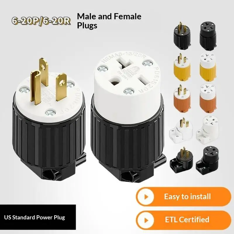 1pcs NEMA 6-20P 6-20R Male Female Plug Set 20A 250V Locking Power Connector for US Extension Cable Assembly Repair Decor